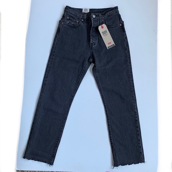 NWT LEVI’S 501 Original Cropped Jeans 24x26 Black Scalloped Hem - Picture 5 of 13
